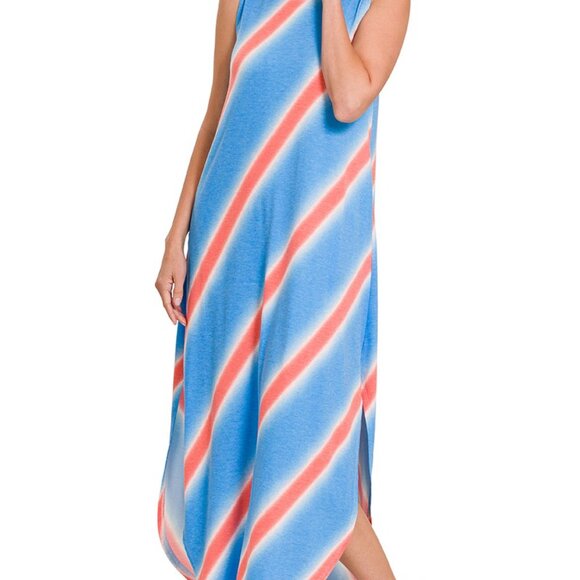 Zenana Candy Stripped Sleeveless Small Maxi Side Slits Pockets Deep Sky Color - Picture 1 of 4
